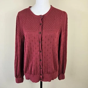 Boden Cardigan Sweater Womens Large Burgundy Pointelle Crewneck Button Front - Picture 1 of 14