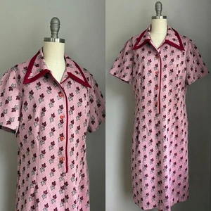 Vintage 1970’s Mod Polyester Knit Pink & Burgundy Leaves Dagger Collar Dress L - Picture 1 of 6