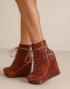 Michael Antonio Wedge Snake Print Leather-Suede Lace Up Boots Size 7.5 - Picture 1 of 16