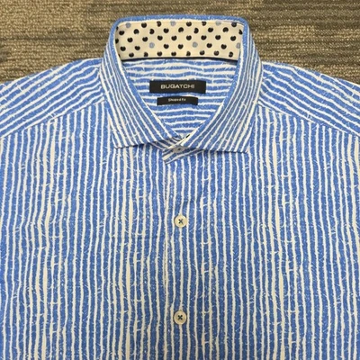 Bugatchi Shirt Mens S Shaped Fit Blue White Performance Short Sleeve Button Up - Image 1 of 4