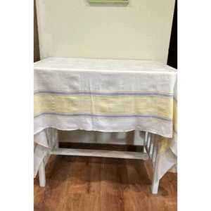 White Tablecloth Blue and Yellow Stripe Floral Damask Rectangular 80x54 - Picture 1 of 5