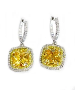 CUSHION YELLOW CITRINE AND SIMULATED DIAMOND EARRINGS 14K WHITE GOLD 5.00CTW - Picture 1 of 6