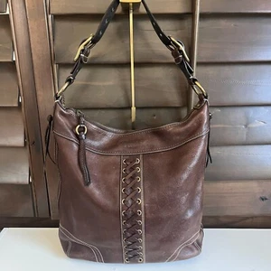 Coach Chelsea Schnürtasche Reisetasche braun genarbtes Leder Handtasche geflochten 10400 - Bild 1 von 17