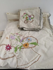 Vintage 49” x 49” Linen Tablecloth - Hand Embroidered Flower Basket - Picture 1 of 11