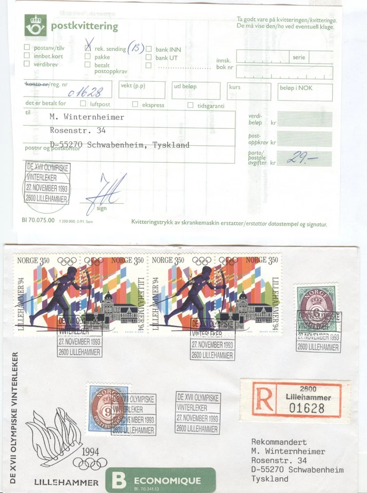 Norway Olympic Games Lillehammer 1994 cover with First Day cancel 27 11 1993 - Image 1 of 1