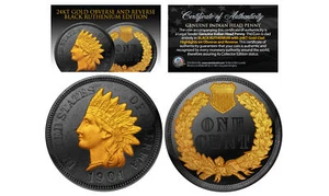 BLACK RUTHENIUM INDIAN HEAD CENT PENNY Coin 24K Gold Highlights 2-Sided with COA - Picture 1 of 1