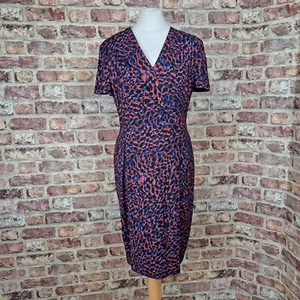 LK Bennett Bertie Dress 14 Red Blue Animal Below Knee Straight Pencil Leopard - Picture 1 of 13