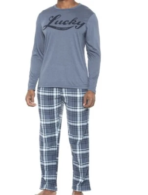 New Lucky Brand Men's 2-Pc Pajama Blue Soft Jersey & Plaid Fleece Pant Set XL - Image 1 of 4