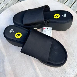 Zara Womens Sandals Size 9 Platform Slides Black Neoprene Block Heel New - Picture 1 of 12