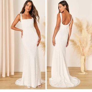 Lulus ewiges Glück weiß Spitze quadratischer Ausschnitt Meerjungfrau Maxikleid Medium Braut - Bild 1 von 9