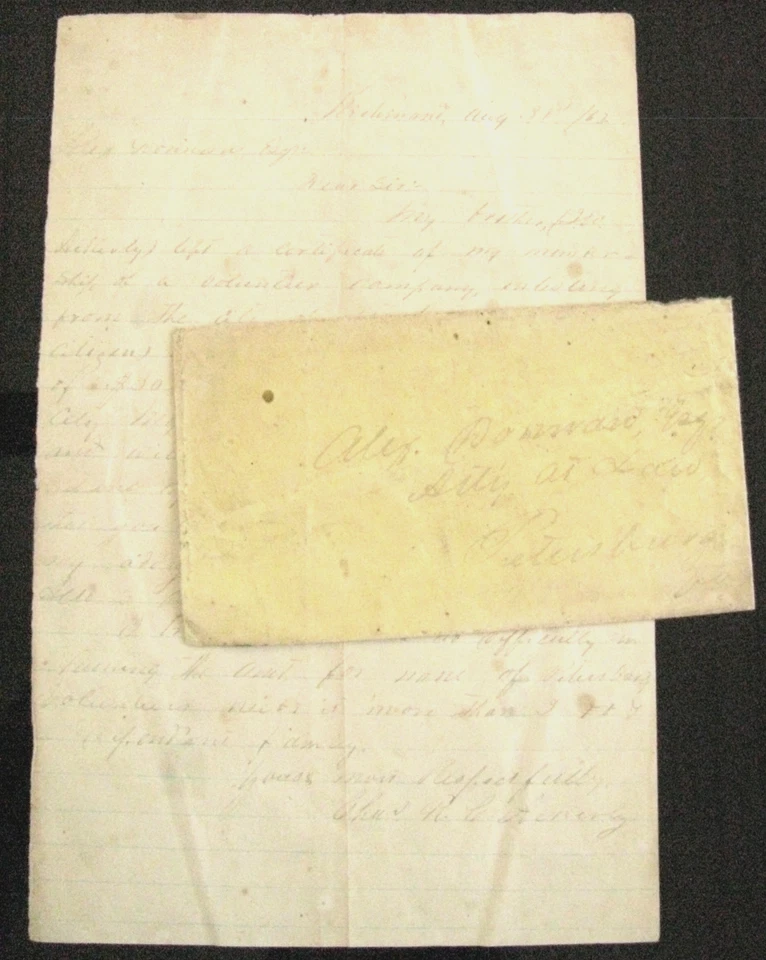 CARTA DE RECOMPENSA CONFEDERADA DE LA GUERRA CIVIL PETERSBURGO VIRGINIA CON PORTADA POSTAL Foto 1 de 4