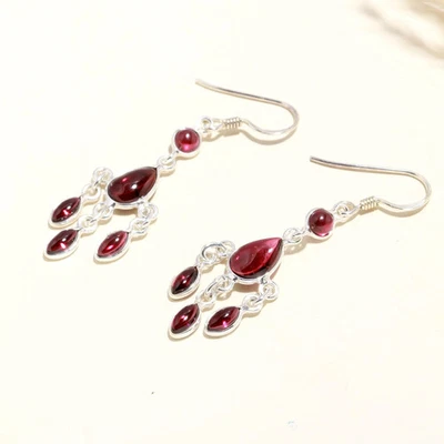 925 Sterling Silver Garnet Chandelier Women Christmas Earrings Foto 1 de 4