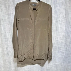 Vince Taupe Brown Long Sleeve Silk Mandarin Collar Tunic Blouse 4 - Picture 1 of 6