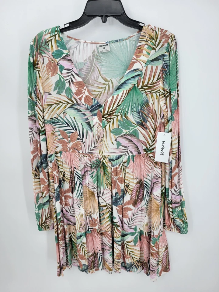 Hurley Dress Womens Medium Hawaiian Floral Long Sleeve Beachy Boho Flowy - Image 1 of 4