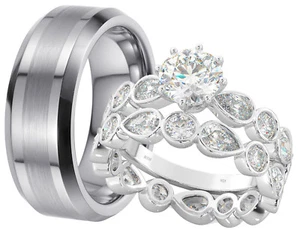 Nuevo conjunto de bandas de anillo de compromiso de boda de plata esterlina 925 His and Hers tungsteno/925 - Imagen 1 de 3
