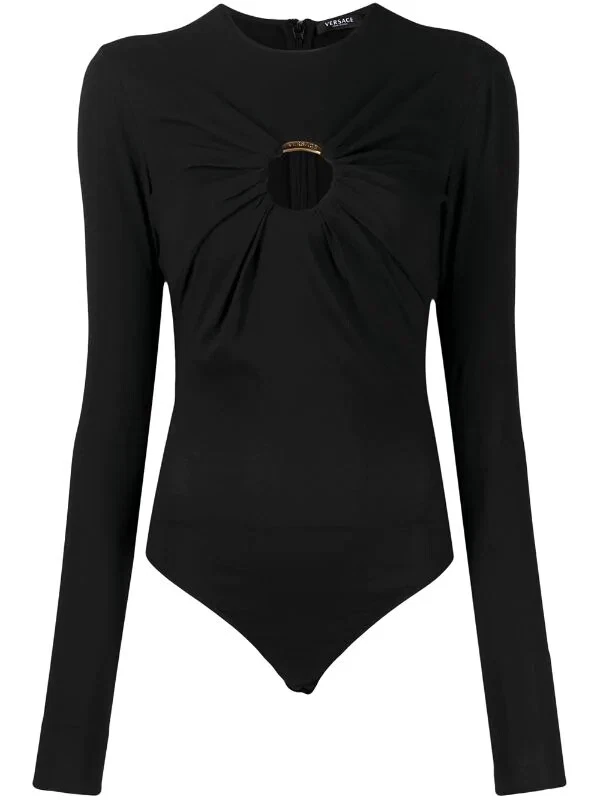 Versace Women's Black Crew-Neck Ring Detail Long Sleeve Bodysuit Size 48/12