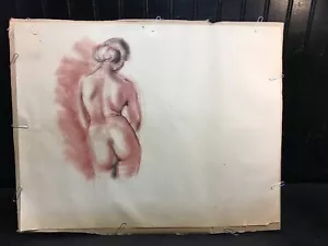 Vtg Charcoal Red Pencil Art DRAWING SKETCH Portrait Nude Woman Standing 22x17in - Picture 1 of 3