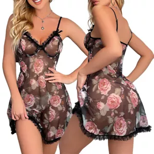 Women Pajamas Sexy V-neck Nightdress Lace Flower Pattern Print Nightgown Nightie - Picture 1 of 38