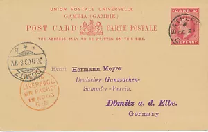 GB 1903 GAMBIA EVII One Penny postal stationery postcard "LIVERPOOL BR.PACKET" - Picture 1 of 5