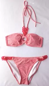 Victoria Secret '08 Bikini S Top/M Bottom-Coral Pink Wave/Swirl Swimsuit Bandeau - Picture 1 of 20