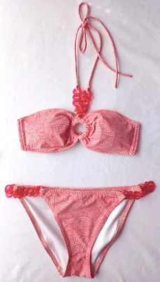 Victoria Secret '08 Bikini S Top/M Parte Inferior-Coral Rosa Onda/Remolino Traje de Baño Bandeau Foto 1 de 4