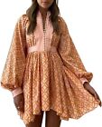 Roiii Women A-Line Lace Loose Baroque Button Down Long Sleeve Casual Dresses V N
