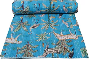 Indian Kantha Quilt Bedspread Floral Animal print Throw Cotton Turquoise Blanket - Picture 1 of 8