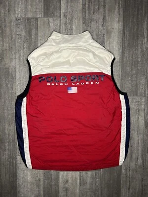 复古 Ralph Lauren Polo Sport Puffer 背心男式大号红色美国主题双面 — 第 1/4 张图片