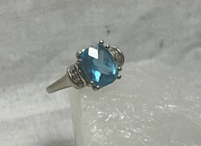 Anillo Oro Blanco 10K Talla 7.25 Bebé Piedra Azul Joyería Fina 3.7g Foto 1 de 4