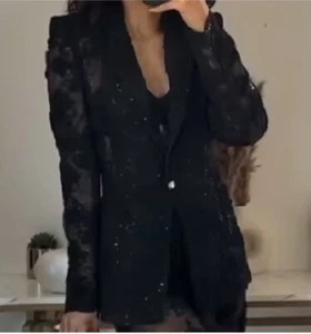 ZARA NWT SEMI-SHEER TEXTURED SEQUINS BLAZER JACKET BLACK XL - Picture 1 of 4