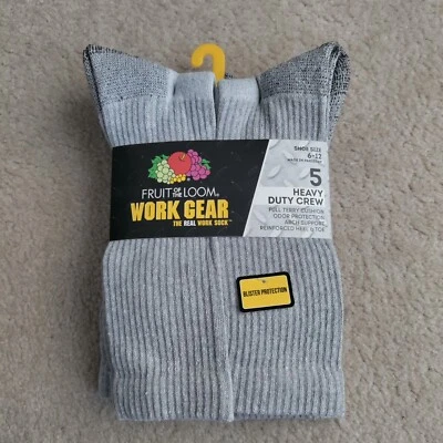 Meias Fruit Of The Loom tamanho 6-12 equipamento de trabalho resistente tripulação 5 pares almofada cinza - Imagem 1 de 4
