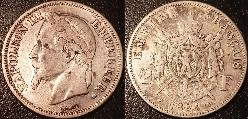 Napoleón III - 2 francos cabeza de laurel de plata 1866 BB, Estrasburgo TTB -! F.263/3 Foto 1 de 1