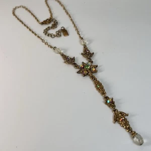 1928 Brand Victorian Revival Y-Drop 16-18" Necklace Green Iridescent Rhinestones - Picture 1 of 17
