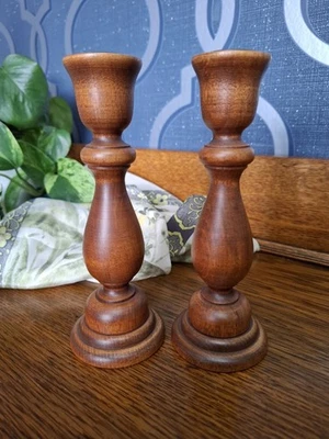 Pair Of Vintage Wooden Turned Langswood Picton N Z Candle Holders Brass Insert - Image 1 of 4