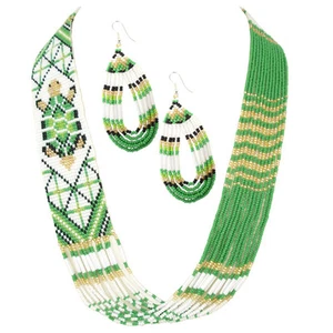 NATIVE STYLE ETHNIC GREEN BEADED HANDCRAFTED TURTLE NECKLACE EARRINGS SET - Picture 1 of 4