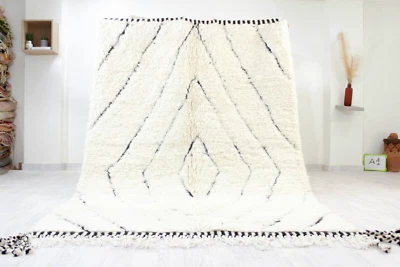 Alfombra marroquí 8x5 pies blanca y negra alfombra geométrica Beni Ourain bereber alfombra de lana suave Foto 1 de 4