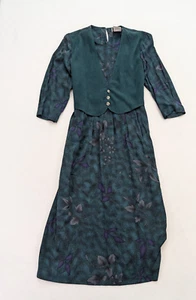 Vintage 90er Damen Kleid Miss Dorby Petites Größe 8P grün Midi angenähte Weste - Bild 1 von 17