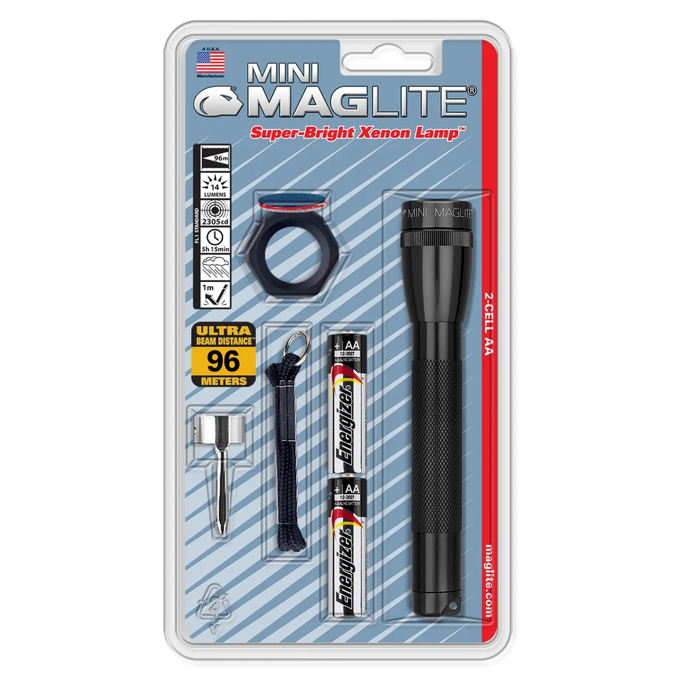 MAGLITE® Mini AA Combo Pack Schlüsselband, Halteclip & farbigen Wechsellinsen