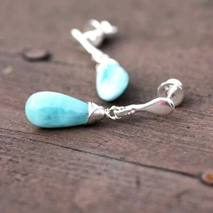 Handmade Wire Wrapped Natural Larimar Earrings Solid Sterling Silver Studs - Picture 1 of 6