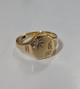 9 Karat Gelbgold Diamant Siegelring mit Stern Design, Größe T - Bild 1 von 4