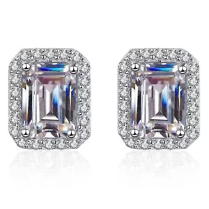 1-4CT VVS1/D Emerald Cut Moissanite Diamond Stud Earrings 14K White Gold Finish - Picture 1 of 12