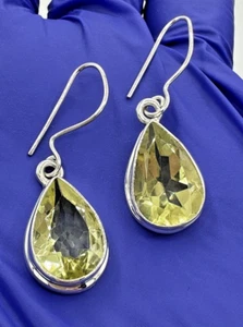 Lemon Quartz Stone 925 Sterling Silver Pear Shape Handmade Bezel Earrings 0.8” - Picture 1 of 19