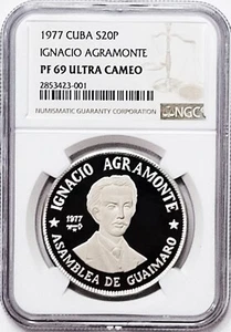 1977 Ignacio Agramonte 20 Pesos Proof Silver Coin NCG PF69 – Top Pop - Picture 1 of 4