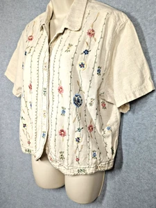 Vintage Casey & Max Blouse L Linen Cotton Blend Floral Embroidery Peasant Boho - Picture 1 of 15