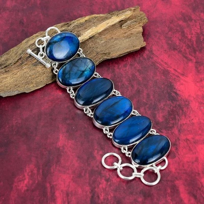 Blue Flash Labradorite Gemstone 925 Sterling Silver Jewelry Bracelet Love Gift - Image 1 of 4