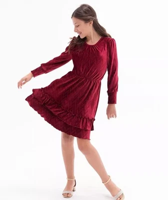 Rare Editions Textured Velvet Tiered Dress Girls Size 10 Burgundy Holiday NEW - Image 1 of 4