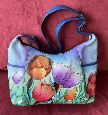NWT Anuschka Large Floral Hand Painted Leather Shoulder Crossbody Bag Handbag - Image 1 of 4