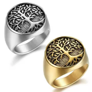 Herren Silber Gold Titan Stahl Lebensbaum Ringe Mode Ehering #7-15 - Bild 1 von 11