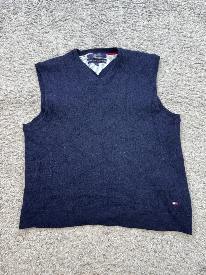 Colete Tommy Hilfiger Suéter Meninos Juventude XL Azul Marinho Lã Merino Decote V Antigo Anos 90 - Imagem 1 de 4