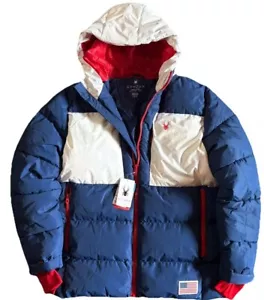 Spyder USA ski team hooded quilted puffer jacket Red White Blue Large NWOT - Afbeelding 1 van 6